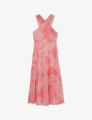 Shop Ted Baker Womens Coral Mirelia Cross-front Pleated Woven Midi Dress In Orange