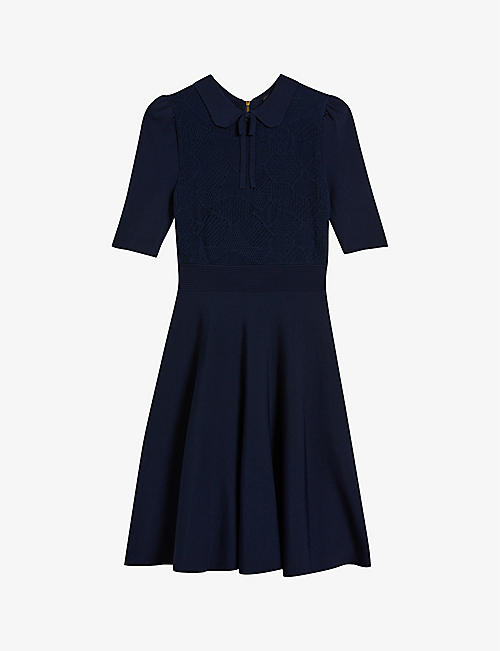 TED BAKER: Hillder lace-bodice neck-tie knitted dress