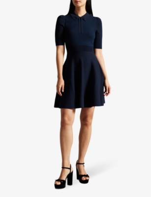 Shop Ted Baker Women's Navy Hillder Lace-bodice Neck-tie Knitted Dress