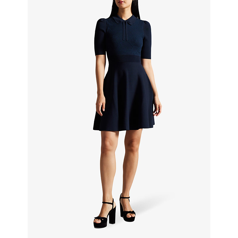 Shop Ted Baker Women's Navy Hillder Lace-bodice Neck-tie Knitted Dress
