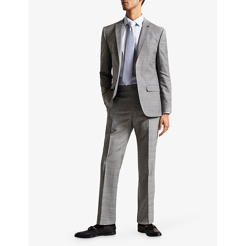 Shop Ted Baker Men's Grey Elgots Checked Straight-leg Stretch-wool Trousers