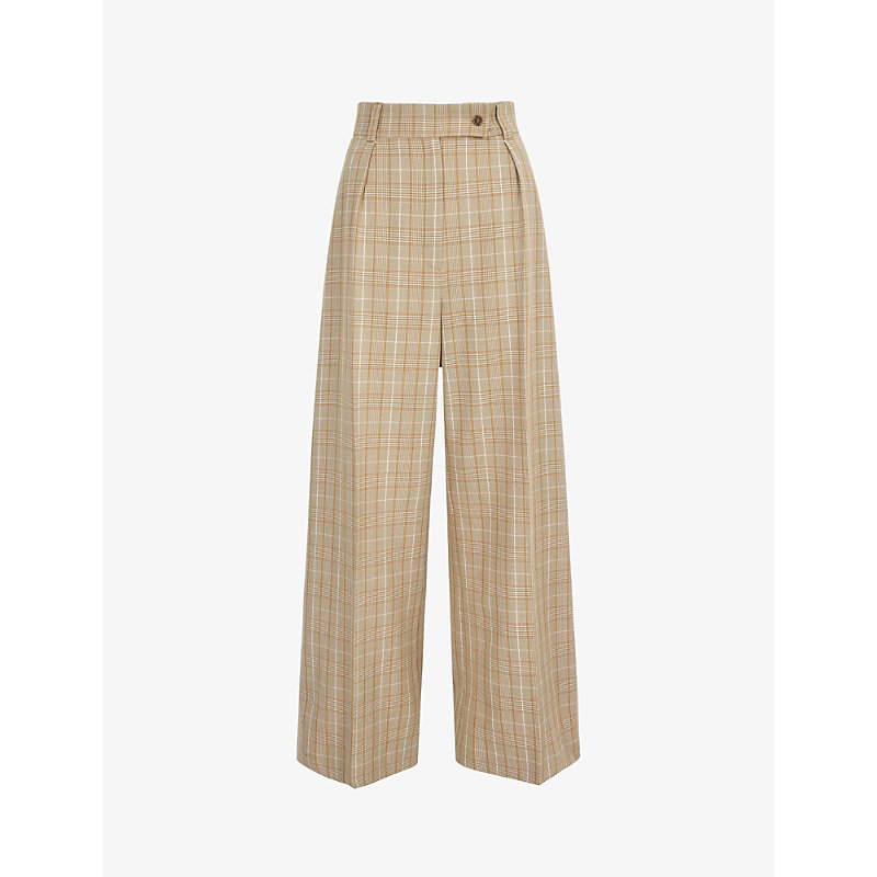 ALIGNE ALIGNE WOMENS BEIGE ORANGE CHECK FEDDE CHECKED WIDE-LEG STRETCH-RECYCLED POLYESTER BLEND TROUSERS,65779171