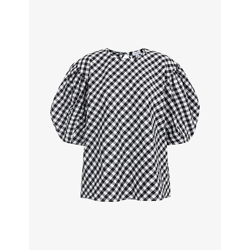 Aligne Womens Black Gingham Hicks Gingham Puff-sleeved Stretch-organic Cotton Blend Top