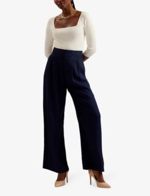 Shop Ted Baker Womens Navy Krissi Wide-leg High-rise Woven Trousers