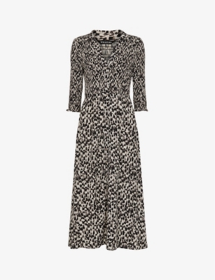 Whistles Womens Black Abstract-print Shirred-bodice Woven Midi Dress