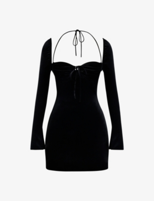 House Of Cb Womens Black Babydoll Halter-neck Stretch-velvet Mini Dress