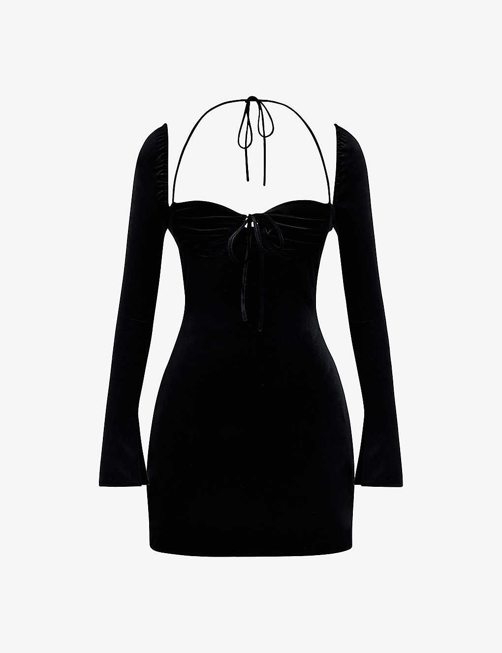 House Of Cb Womens Black Babydoll Halter-neck Stretch-velvet Mini Dress