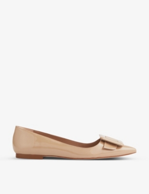 Shop Lk Bennett Women's Bei-beige Devon Buckle-strap Pointed-toe Patent-leather Flats