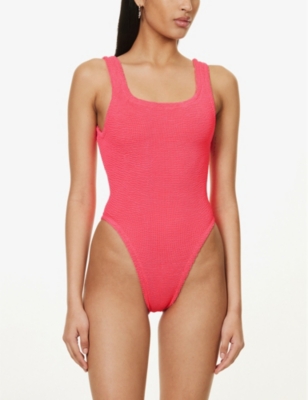 Shop Hunza G Women's Hot Pink Square-neck Seersucker-weave Swimsuit