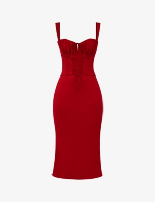 House Of Cb Womens Red Rose Valencia Corset Satin Midi Dress In Red