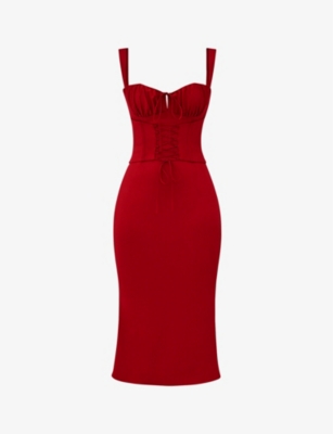 Shop House Of Cb Women's Red Rose Valencia Corset Satin Midi Dress