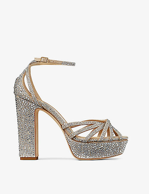 JIMMY CHOO: Isra 120 crystal-embellished suede platform heeled sandals