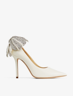JIMMY CHOO JIMMY CHOO WOMEN'S LATTE MIX LOVE 100 PEARL AND CRYSTAL-EMBELLISHED LEATHER HEELED COURTS,65858036