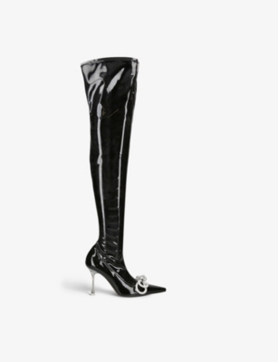 MACH & MACH MACH & MACH WOMEN'S BLACK DOUBLE BOW CRYSTAL-EMBELLISHED FAUX PATENT-LEATHER OVER-THE-KNEE BOOTS,65861241