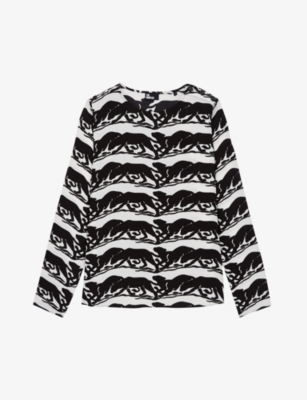 The Kooples Womens Bla28 Panther-print Relaxed-fit Woven Top
