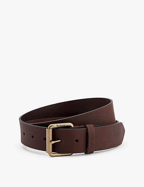 BARBOUR: Engraved-branding contrast leather buckle belt