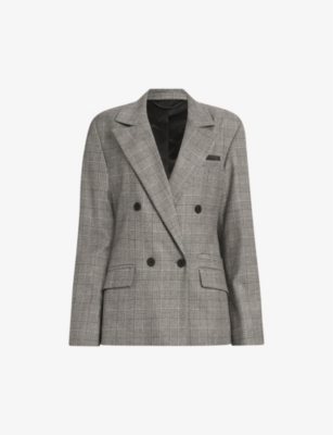 Allsaints Bea Check Double Breasted Wool Blend Blazer In Grey