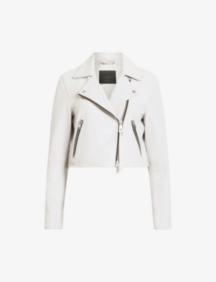 Shop Allsaints Women's Optic White Dalby Zip-up Cropped Leather Jacket