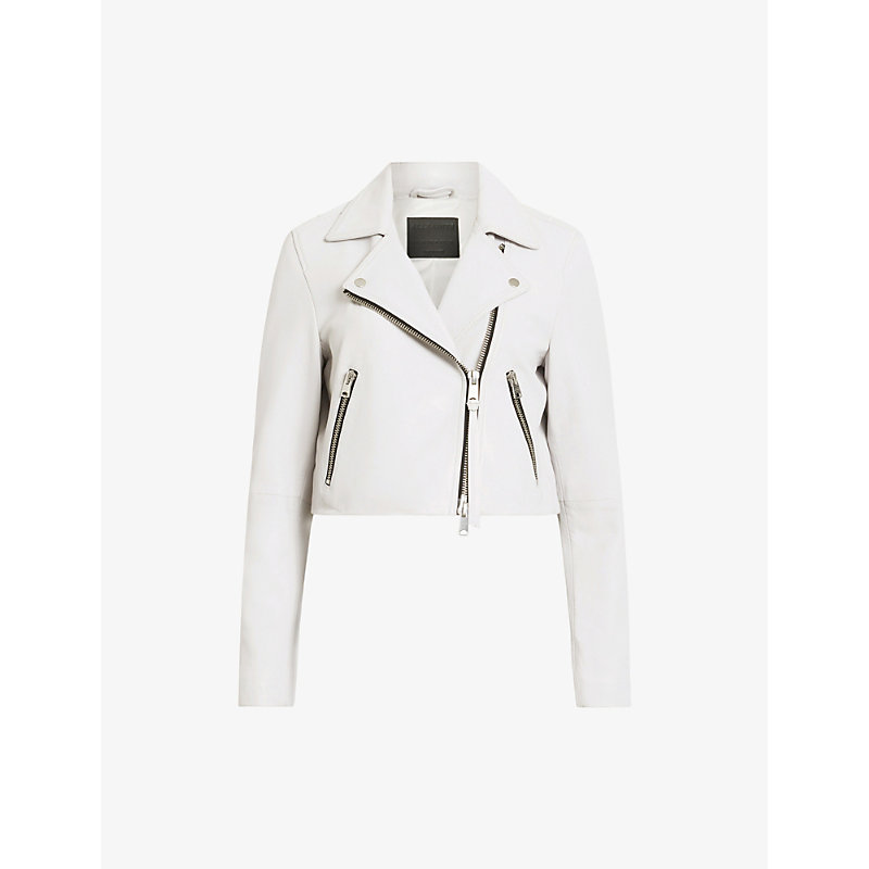 Shop Allsaints Dalby Zip-up Cropped Leather Jacket In Optic White