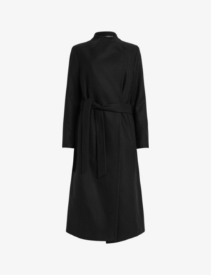 Allsaints Womens Black Riley Funnel-neck Wool-blend Coat