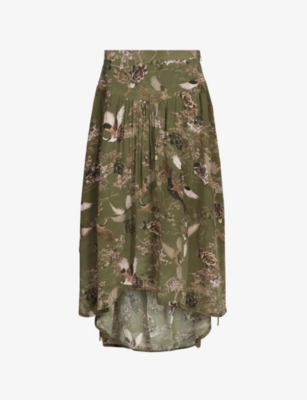 Allsaints Kaye Peggy Printed Ruched Skirt In Khaki Green