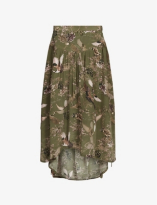 ALLSAINTS ALLSAINTS WOMENS KHAKI GREEN KAYE PEGGY PATTERNED REGULAR-FIT WOVEN MIDI SKIRT