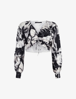 Allsaints Carlie Jackie Floral Cropped Blouse In Ecru White