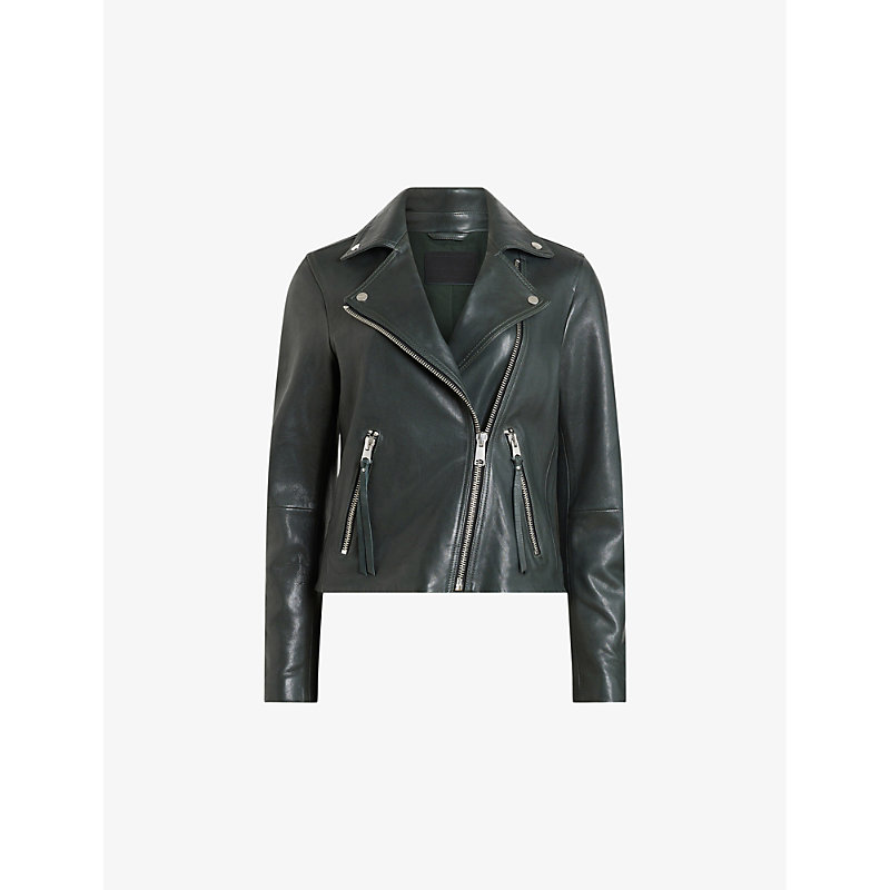 Allsaints Womens Sycamore Green Dalby Leather Biker Jacket