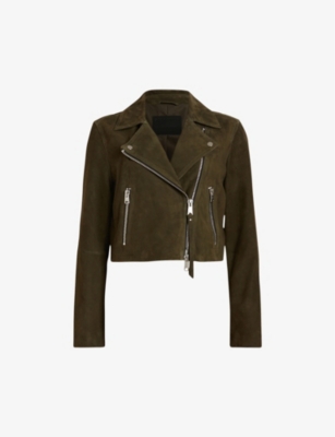 Allsaints Dalby Crop Suede Biker Jacket In Olive Green