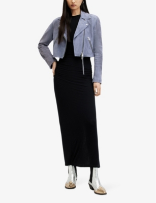 Allsaints Dalby Slim Fit Cropped Suede Biker Jacket In Pale Denim Blu