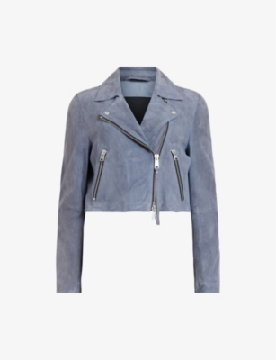 Shop Allsaints Dalby Cropped Suede Biker Jacket In Pale Denim Blu