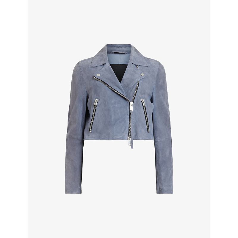 Shop Allsaints Womens Pale Denim Blu Dalby Cropped Suede Biker Jacket