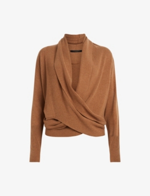 ALLSAINTS ALLSAINTS WOMEN'S CAMEL BROWN PIRATE WRAP-OVER RECYCLED CASHMERE-BLEND CARDIGAN