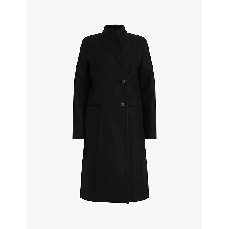 Allsaints Womens Black Sidney Notched-lapel Wool-blend Coat