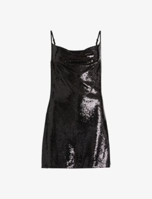 ALLSAINTS ALLSAINTS WOMEN'S BLACK HADDI COWL-NECK SEQUIN-EMBELLISHED WOVEN MINI DRESS