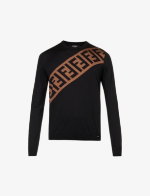 FENDI Diagonal logo embellished wool knit jumper Selfridges