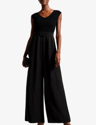Shop Ted Baker Womens Black Tabbiaa Knitted-bodice Wide-leg Woven Jumpsuit
