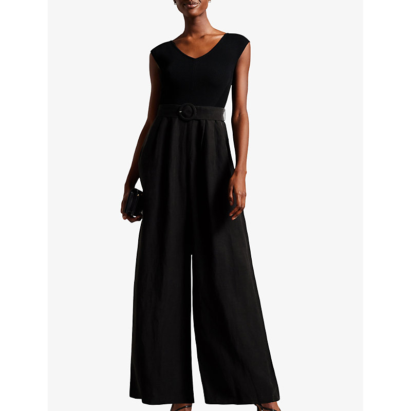 Shop Ted Baker Women's Black Tabbiaa Knitted-bodice Wide-leg Woven Jumpsuit