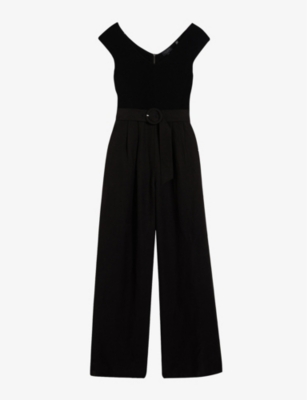 Shop Ted Baker Womens Black Tabbiaa Knitted-bodice Wide-leg Woven Jumpsuit