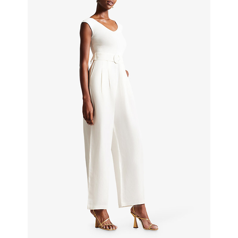 Shop Ted Baker Tabbiaa Knitted-bodice Wide-leg Woven Jumpsuit In White
