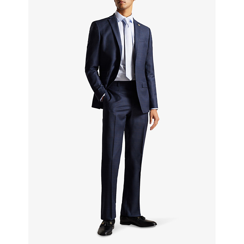 Shop Ted Baker Men's Navy Cromts Checked Straight-leg Wool Trousers