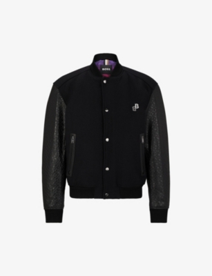 Hugo Boss Boss Mens Black Monogram-emed Sleeves Virgin Wool-blend Jacket