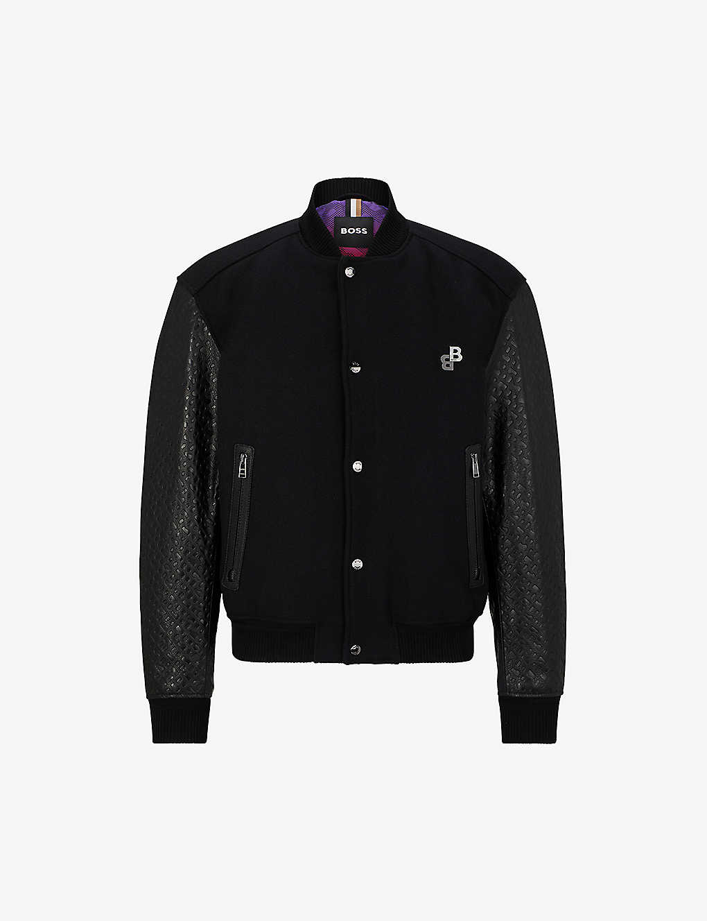 Hugo Boss Boss Mens Black Monogram-emed Sleeves Virgin Wool-blend Jacket