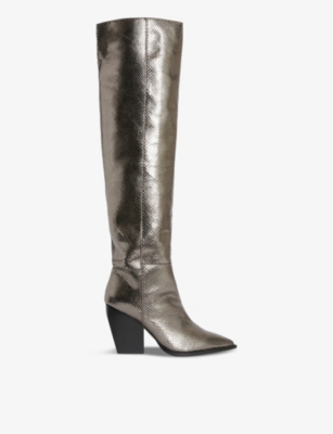 ALLSAINTS ALLSAINTS WOMEN'S GUNMETAL GREY REINA SNAKE-PRINT METALLIC LEATHER OVER-THE-KNEE BOOTS