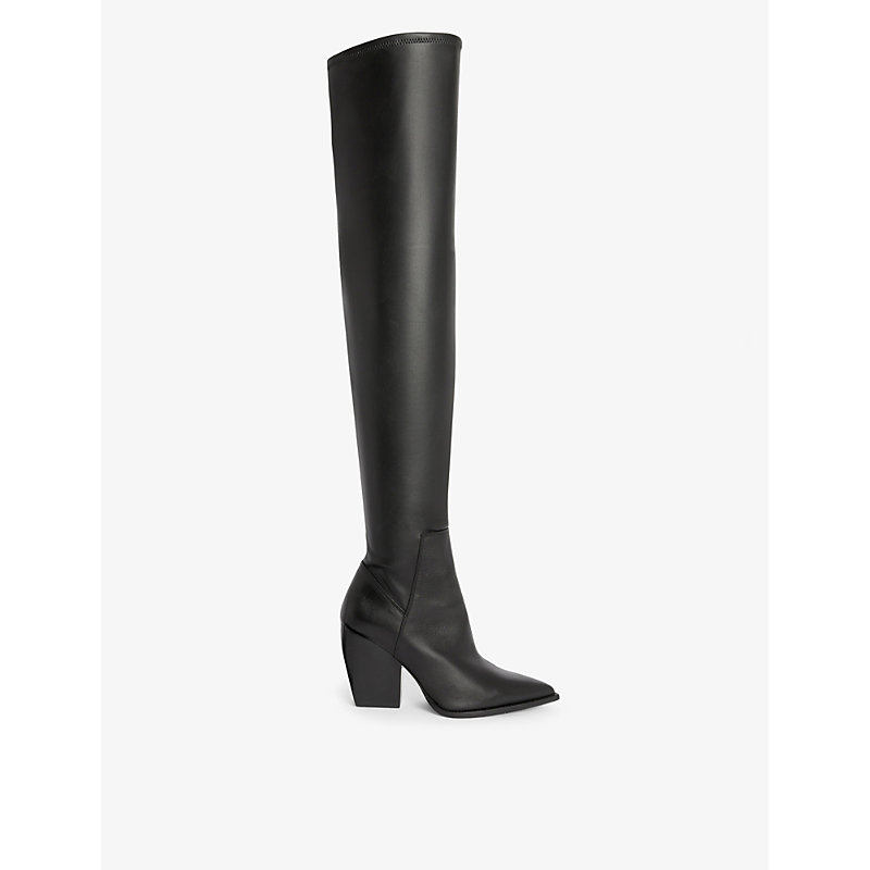 Allsaints Womens Black Lara Pointed-toe Leather Heeled Over-the-knee Boots