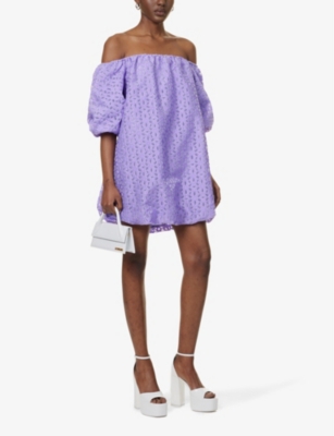 Shop Amy Lynn Floral-embroidered Puffed-hem Woven Mini Dress In Lilac