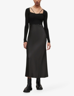 Shop Allsaints Women's Black Sassi Scoop-neck Adjustable-strap Woven Midi Dress