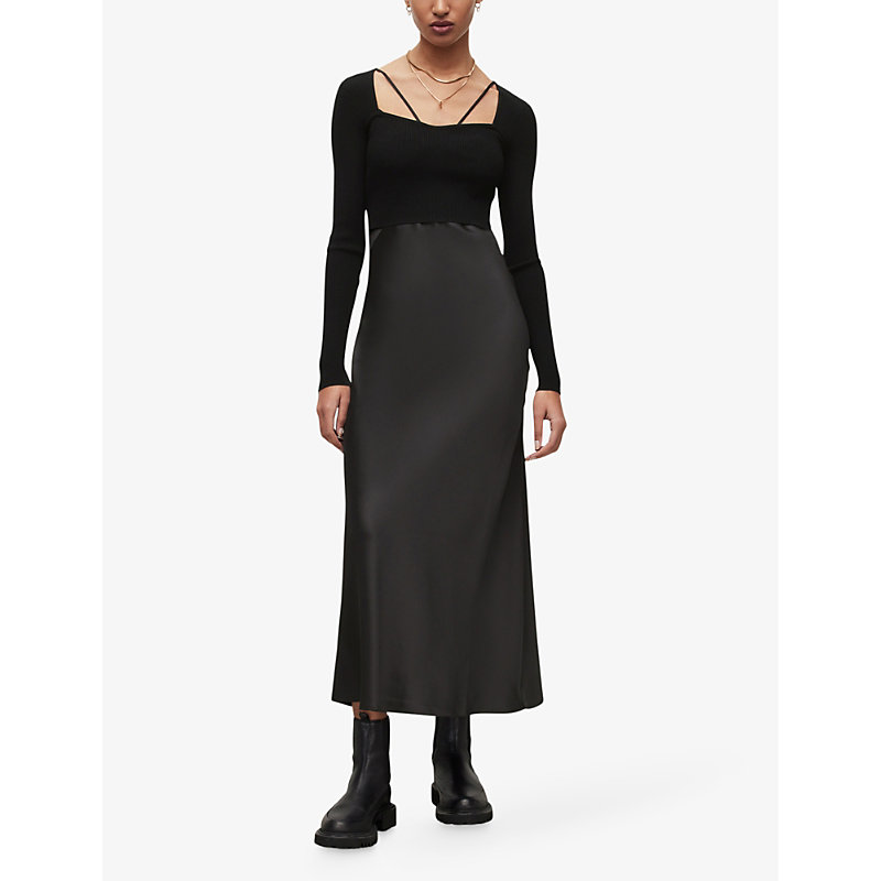 Shop Allsaints Women's Black Sassi Scoop-neck Adjustable-strap Woven Midi Dress