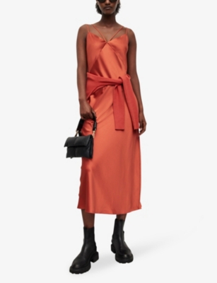 Shop Allsaints Sassi Scoop-neck Adjustable-strap Woven Midi Dress In Clay Red