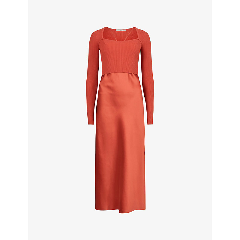 Shop Allsaints Sassi Scoop-neck Adjustable-strap Woven Midi Dress In Clay Red